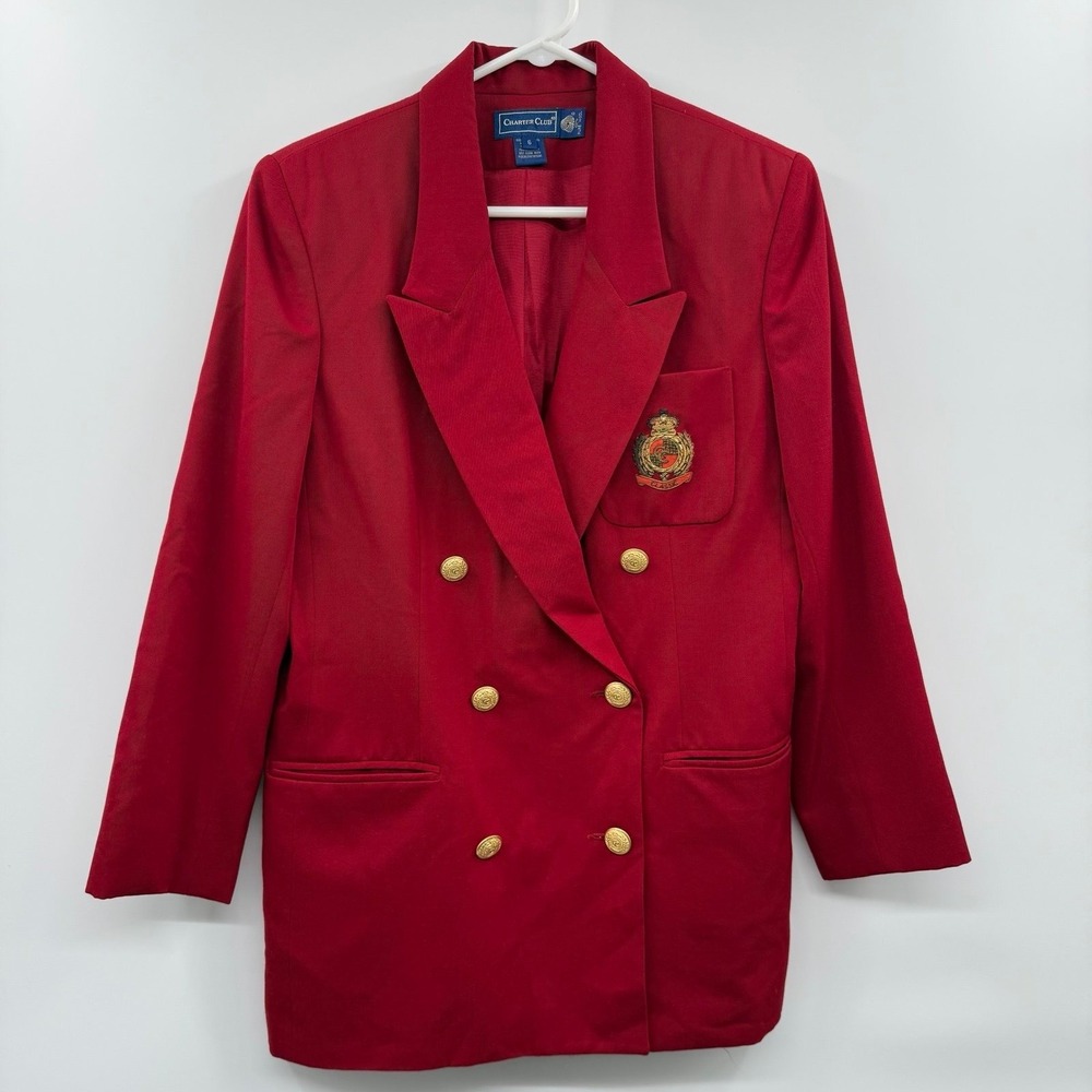 Charter Club 100% Pure Wool Blazer Womens 6 Red Double Breasted academia vintage
